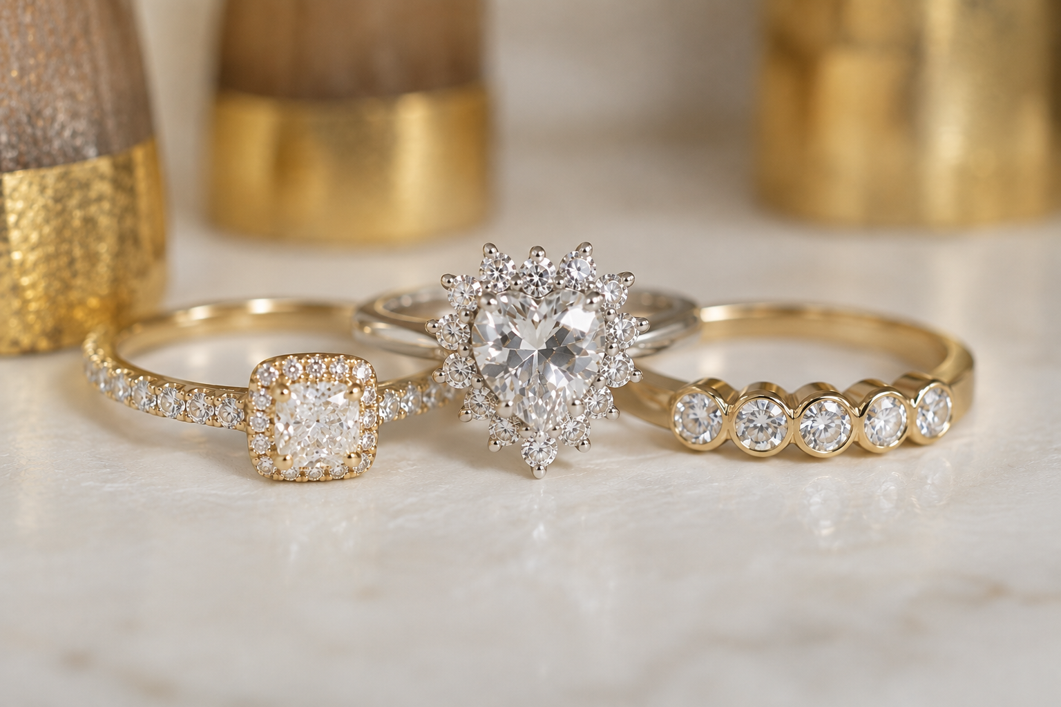 Three yellow gold rings with clear gemstones arranged on a light marble surface. The left ring has a square halo setting, the center ring features a large heart-shaped clear stone in a floral cluster setting, and the right ring has five round clear stones set in a row.